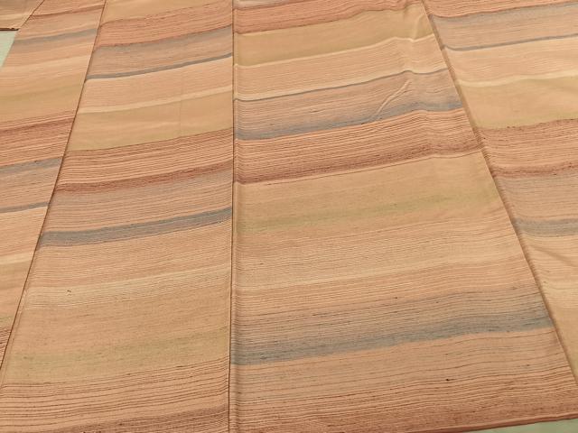 平和屋着物○紅花紬 米沢 横段文 正絹 逸品 AABF0269fy