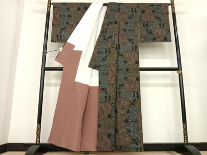 平和屋着物●本場大島紬 カタス9マルキ 誰が袖文様 黒地 正絹 逸品 AABF0286fy