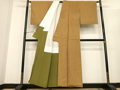 平和屋着物●黄八丈 紬 綾織 格子 正絹 逸品 AABF0297fy