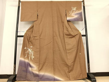平和屋着物●訪問着　紬地　作家物　流水草花文　暈し染め　金彩　正絹　逸品　AABF0299fy