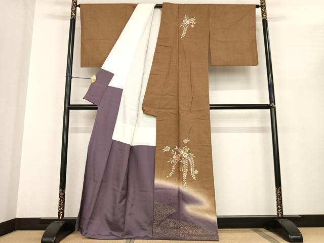 平和屋着物●訪問着　紬地　作家物　流水草花文　暈し染め　金彩　正絹　逸品　AABF0299fy