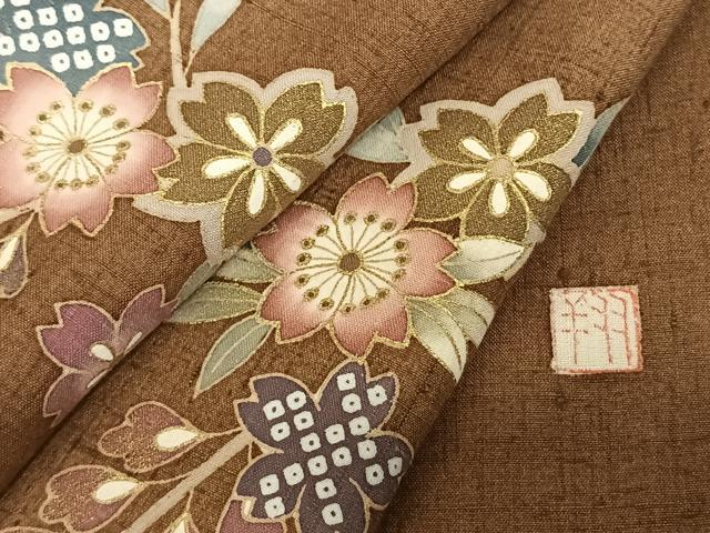 平和屋着物●訪問着　紬地　作家物　流水草花文　暈し染め　金彩　正絹　逸品　AABF0299fy