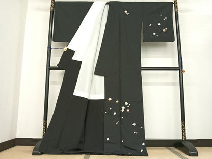 平和屋着物●訪問着　中国三大刺繍　汕頭刺繍　スワトウ刺繍　総刺繍　紬地　雲取り舞桜文　黒地　ロング丈　正絹　逸品　AABF0302fy