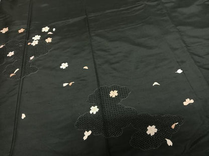 平和屋着物●訪問着　中国三大刺繍　汕頭刺繍　スワトウ刺繍　総刺繍　紬地　雲取り舞桜文　黒地　ロング丈　正絹　逸品　AABF0302fy