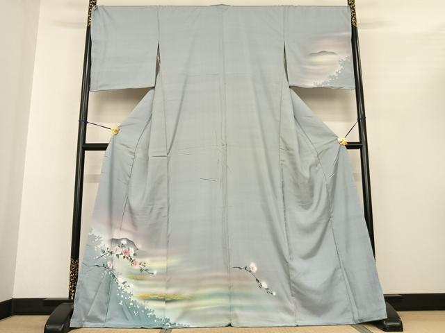 平和屋着物●訪問着　紬地　手描き　風景枝花文　暈し染め　正絹　逸品　AABF0303fy