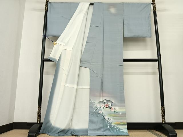 平和屋着物●訪問着　紬地　手描き　風景枝花文　暈し染め　正絹　逸品　AABF0303fy 平和屋着物○訪問着 紬地 手描き 風景枝花文 暈し染め