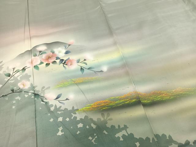 平和屋着物●訪問着　紬地　手描き　風景枝花文　暈し染め　正絹　逸品　AABF0303fy 平和屋着物○訪問着 紬地 手描き 風景枝花文 暈し染め
