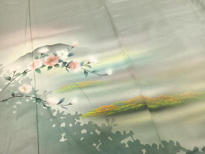 平和屋着物●訪問着　紬地　手描き　風景枝花文　暈し染め　正絹　逸品　AABF0303fy