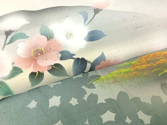 平和屋着物●訪問着　紬地　手描き　風景枝花文　暈し染め　正絹　逸品　AABF0303fy 平和屋着物○訪問着 紬地 手描き 風景枝花文 暈し染め