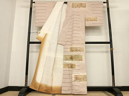 平和屋着物●訪問着　紬地　色紙草花文　暈し染め　金彩　正絹　逸品　AABF0304fy
