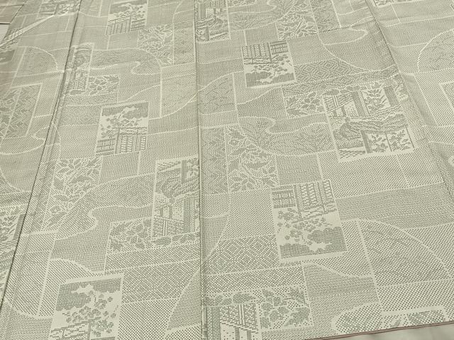 平和屋着物●本場大島紬　白大島　120亀甲　色紙風景花文　正絹　逸品　AABF0306fy
