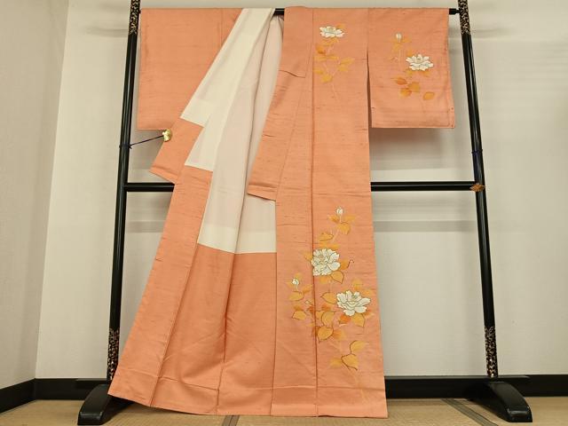 平和屋着物●訪問着　紬地　刺繍　草花文　正絹　逸品　AABF0310fy 平和屋着物○訪問着 紬地 刺繍 草花文 正絹 逸品 AABF0310fy