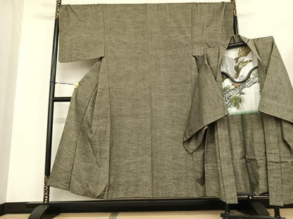平和屋着物●男性 紬 アンサンブル 岩井茶色 キングサイズ 正絹 逸品 AABF0311fy