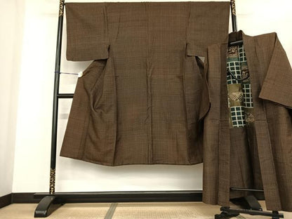 平和屋着物●男性 紬 アンサンブル 格子 正絹 逸品 AABF0312fy
