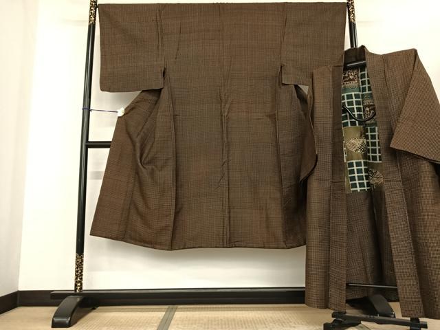 平和屋着物●男性 紬 アンサンブル 格子 正絹 逸品 AABF0312fy