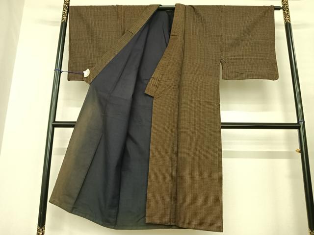 平和屋着物●男性 紬 アンサンブル 格子 正絹 逸品 AABF0312fy