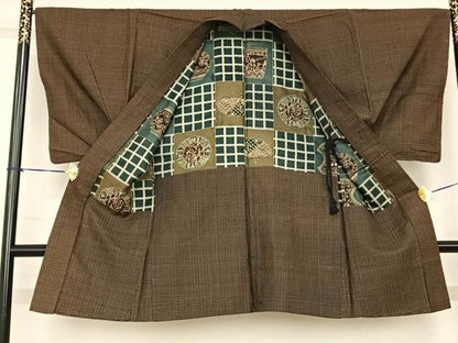 平和屋着物●男性 紬 アンサンブル 格子 正絹 逸品 AABF0312fy