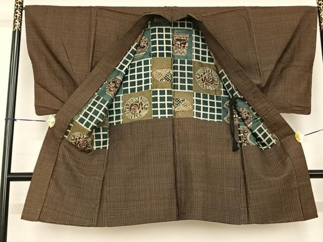 平和屋着物●男性 紬 アンサンブル 格子 正絹 逸品 AABF0312fy