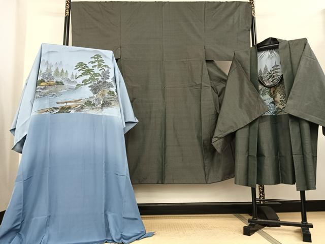 平和屋着物●男性 本場大島紬 アンサンブル 長襦袢(袷)セット 格子 正絹 逸品 未使用 AABF0316fy