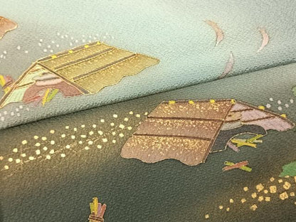 平和屋着物●訪問着　駒刺繍　風景文　暈し染め　金彩　正絹　逸品　AABF0329fy