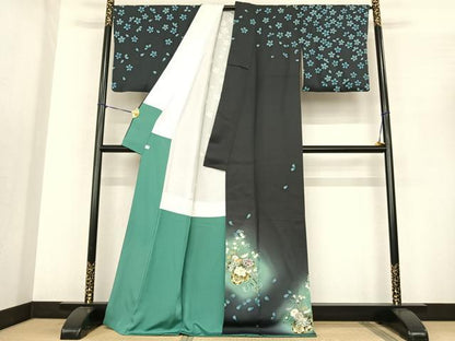平和屋着物●訪問着　駒刺繍　片輪車花文　暈し染め　金彩　鈴乃屋扱い　正絹　逸品　AABF0330fy