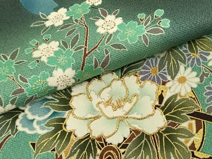 平和屋着物●訪問着　駒刺繍　片輪車花文　暈し染め　金彩　鈴乃屋扱い　正絹　逸品　AABF0330fy