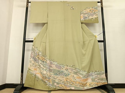 平和屋着物●訪問着　駒刺繍　鬘帯花文　金彩　正絹　逸品　AABF0338fy