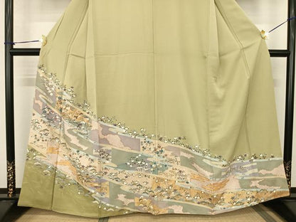 平和屋着物●訪問着　駒刺繍　鬘帯花文　金彩　正絹　逸品　AABF0338fy
