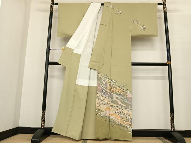 平和屋着物●訪問着　駒刺繍　鬘帯花文　金彩　正絹　逸品　AABF0338fy