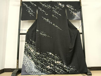 平和屋着物●訪問着　草花文　暈し染め　黒地　金彩　正絹　逸品　AABF0349fy