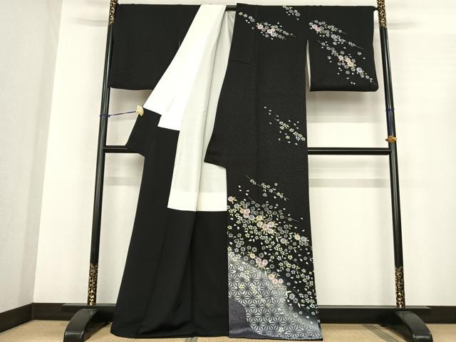 平和屋着物●訪問着　草花文　暈し染め　黒地　金彩　正絹　逸品　AABF0349fy