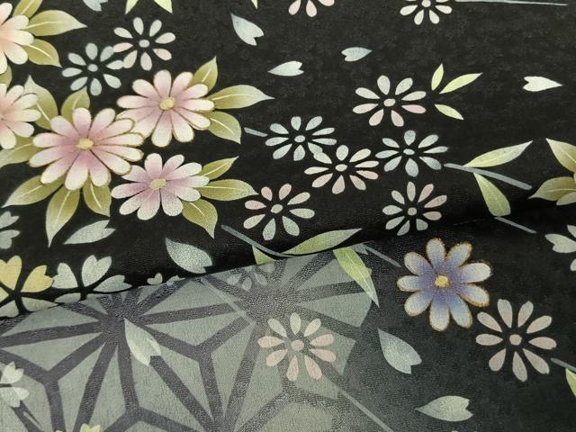 平和屋着物●訪問着　草花文　暈し染め　黒地　金彩　正絹　逸品　AABF0349fy
