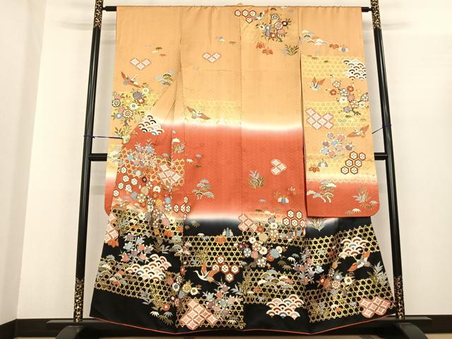 平和屋着物●十日町老舗ブランド　吉澤友禅　吾妻徳穂　振袖　駒刺繍　花鳥文　暈し染め　金彩　正絹　逸品　AABF0357fy