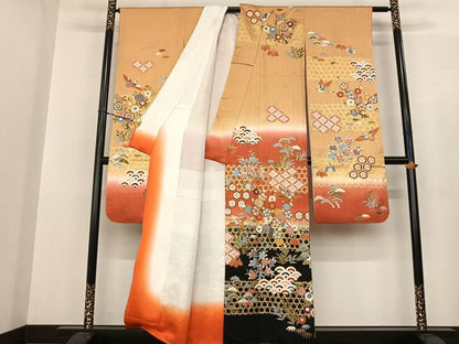 平和屋着物●十日町老舗ブランド　吉澤友禅　吾妻徳穂　振袖　駒刺繍　花鳥文　暈し染め　金彩　正絹　逸品　AABF0357fy