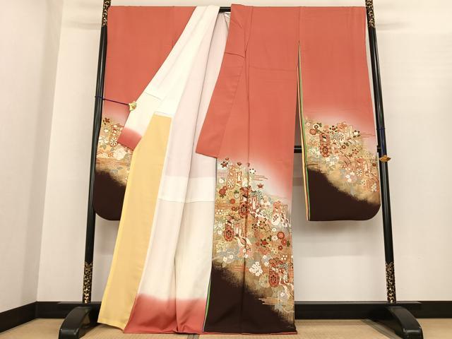 平和屋着物●豪華振袖　御所車花文　暈し染め　金銀彩　幾久重袖　正絹　逸品　AABF0363fy