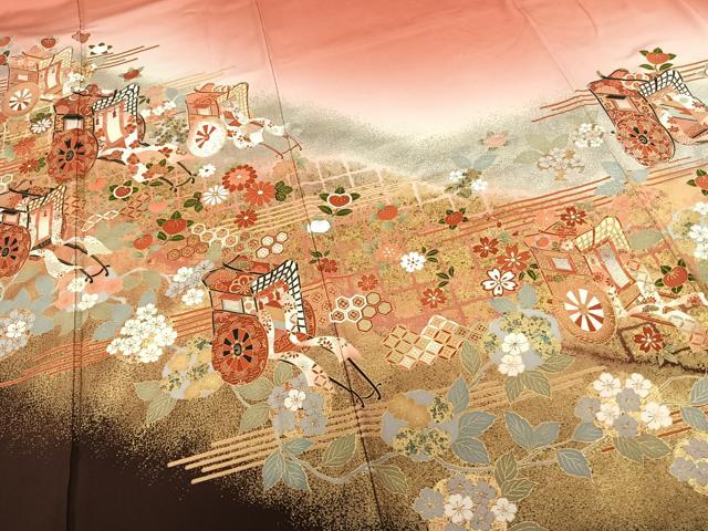 平和屋着物●豪華振袖　御所車花文　暈し染め　金銀彩　幾久重袖　正絹　逸品　AABF0363fy
