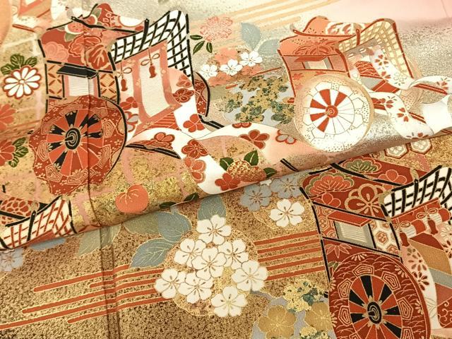 平和屋着物●豪華振袖　御所車花文　暈し染め　金銀彩　幾久重袖　正絹　逸品　AABF0363fy 平和屋着物○豪華振袖 御所車花文 暈し染め 金銀彩 幾久重