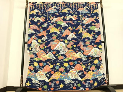 平和屋着物●豪華振袖　型染め　風景花文　正絹　逸品　AABF0365fy