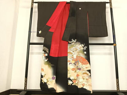 平和屋着物●アンティーク　大正ロマン　黒留袖　駒刺繍　扇面花文　金糸　正絹　逸品　AABF0368fy