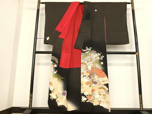 平和屋着物●アンティーク　大正ロマン　黒留袖　駒刺繍　扇面花文　金糸　正絹　逸品　AABF0368fy