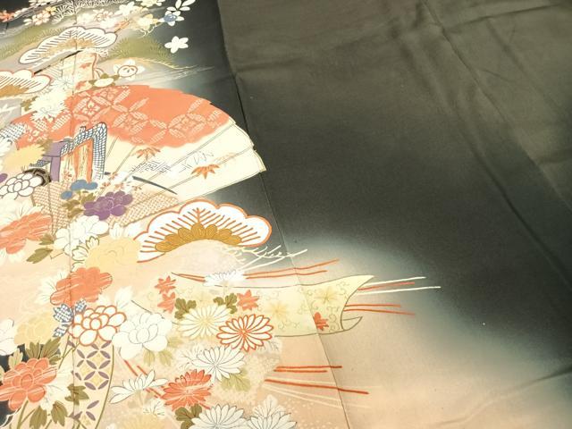 平和屋着物●アンティーク　大正ロマン　黒留袖　駒刺繍　扇面花文　金糸　正絹　逸品　AABF0368fy
