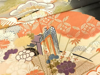 平和屋着物●アンティーク　大正ロマン　黒留袖　駒刺繍　扇面花文　金糸　正絹　逸品　AABF0368fy
