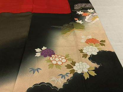 平和屋着物●アンティーク　大正ロマン　黒留袖　駒刺繍　扇面花文　金糸　正絹　逸品　AABF0368fy