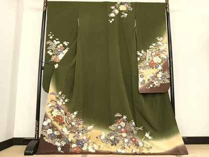 平和屋着物●豪華振袖　駒刺繍　御所車花文　暈し染め　金彩　正絹　逸品　AABF0373fy