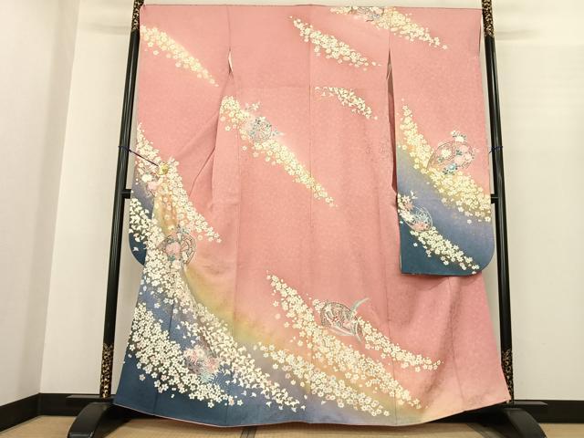平和屋着物●豪華振袖　源氏車花文　暈し染め　金彩　正絹　逸品　AABF0374fy 平和屋着物○豪華振袖 源氏車花文 暈し染め 金彩 正絹 逸品 AABF0374fy