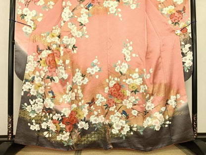 平和屋着物●豪華振袖　駒刺繍　花蝶文　暈し染め　金彩　正絹　逸品　AABF0377fy