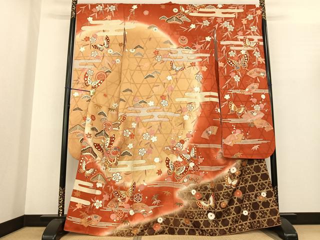 平和屋着物●豪華振袖　地紙花蝶文　暈し染め　金彩　正絹　逸品　AABF0378fy