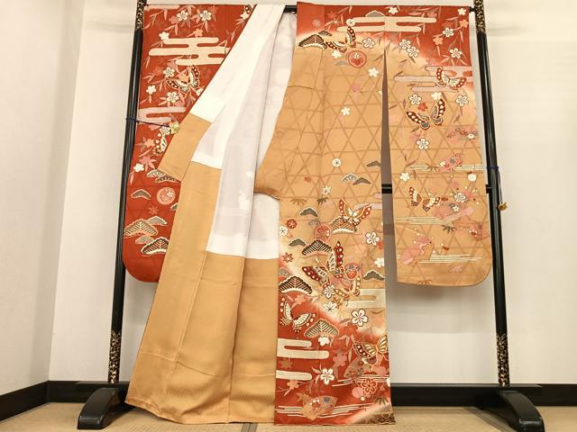 平和屋着物●豪華振袖　地紙花蝶文　暈し染め　金彩　正絹　逸品　AABF0378fy