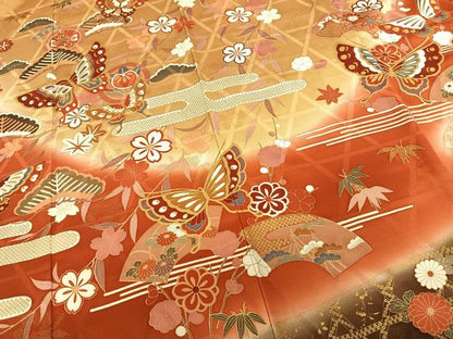 平和屋着物●豪華振袖　地紙花蝶文　暈し染め　金彩　正絹　逸品　AABF0378fy