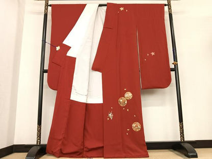 平和屋着物●豪華振袖 駒刺繍 毬 舞花文 紅海老茶色 金糸 正絹 逸品 AABF0379fy